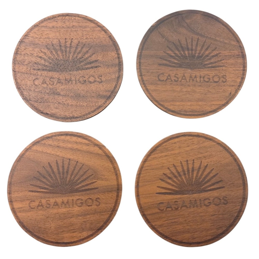 Casamigos‎ Tequila Wooden Coasters Set of 4 Round Etched Agave Logo Brown Mexico